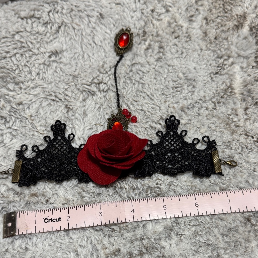 Black Lace Bracelet with Red Rose Accent Ring Handmade***